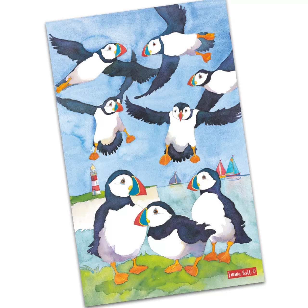 Discount Emma Ball Bright Puffins Tea Towel