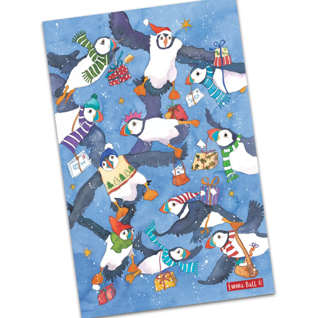 Shop Emma Ball Christmas Flying Puffin Tea Towel