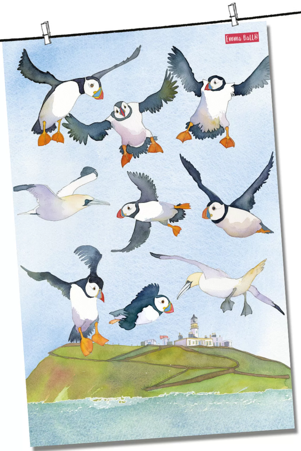 Sale Emma Ball Coastal Puffins Tea Towel