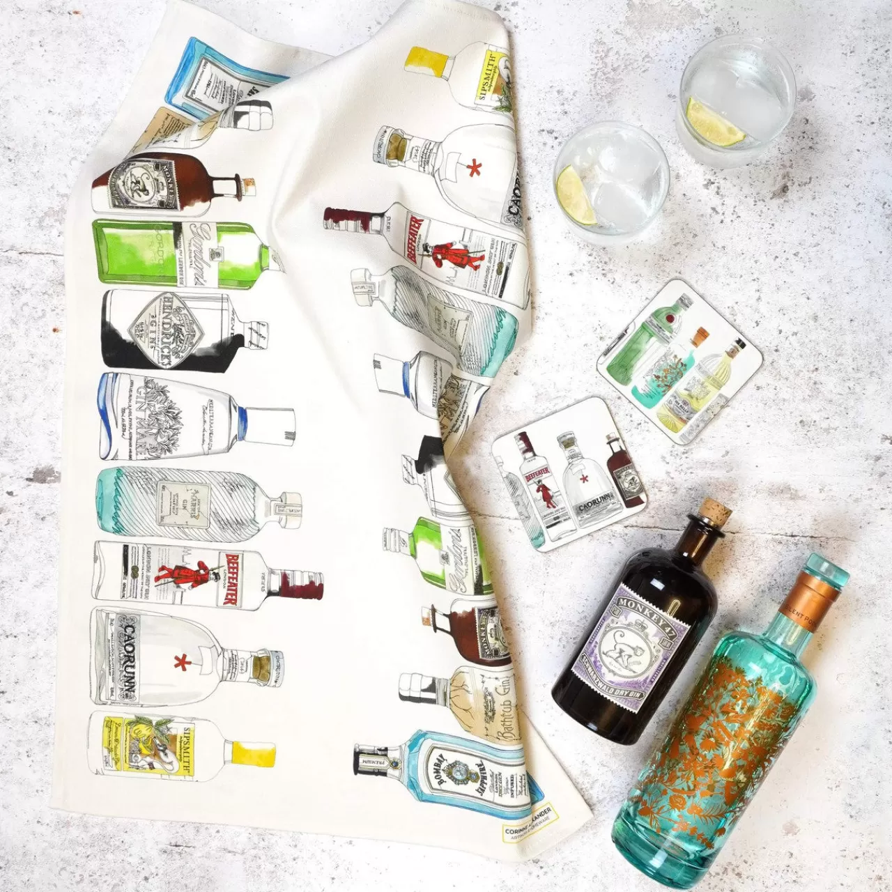 Store Corinne Alexander Ten Gin Bottles Tea Towel By
