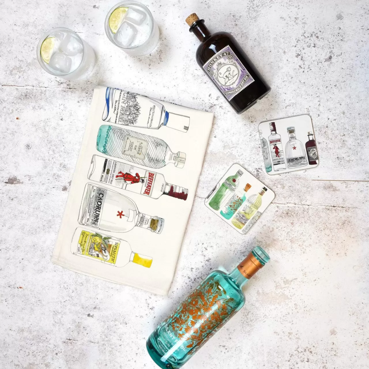 Store Corinne Alexander Ten Gin Bottles Tea Towel By