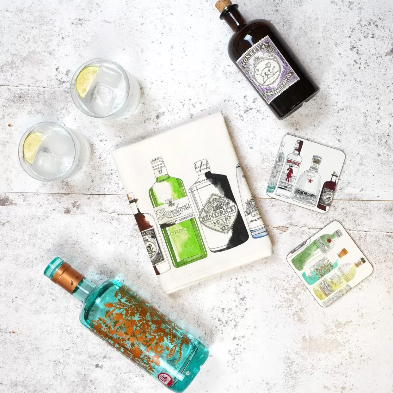 Store Corinne Alexander Ten Gin Bottles Tea Towel By